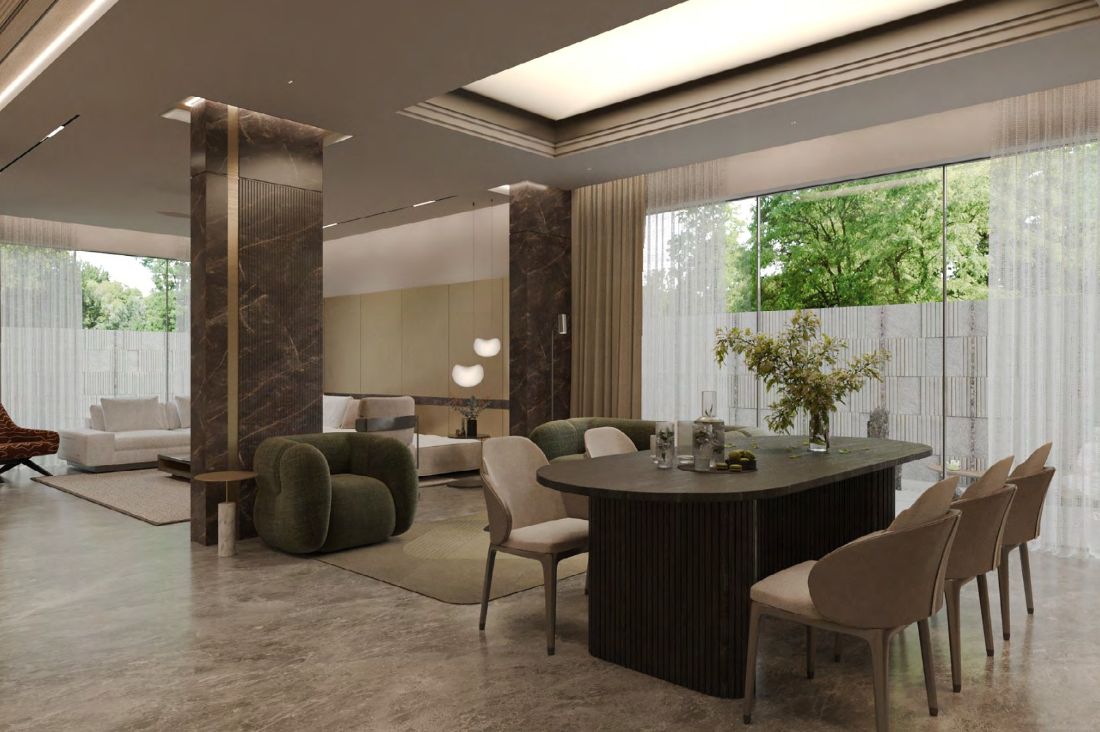 3D render of the living and dining room from the design proposal
